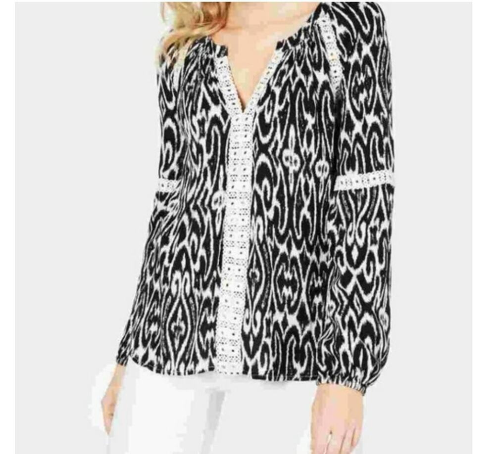 INC International Concepts Blouse Women's SZ XS Black White Ikat Frenzy Boho Top